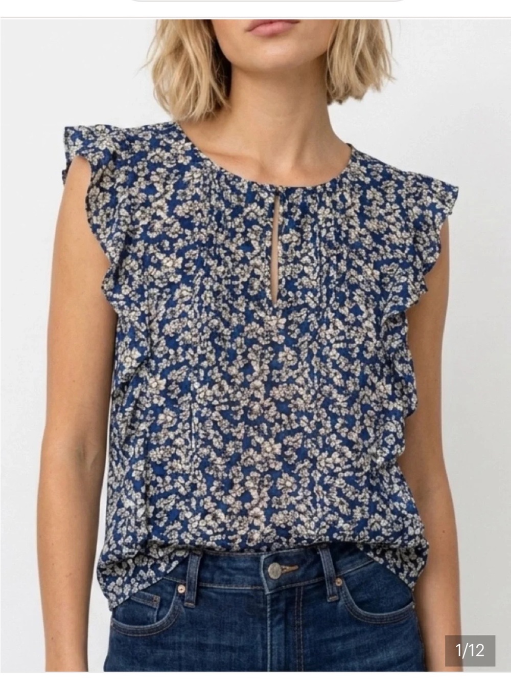 J. Crew Navy Blue Floral Cap Sleeve Blouse EUC